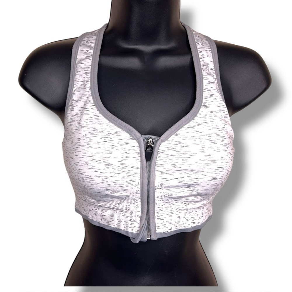 Large Avia White Grey Front Zip Sports Bra Racerback Athletic Activewear